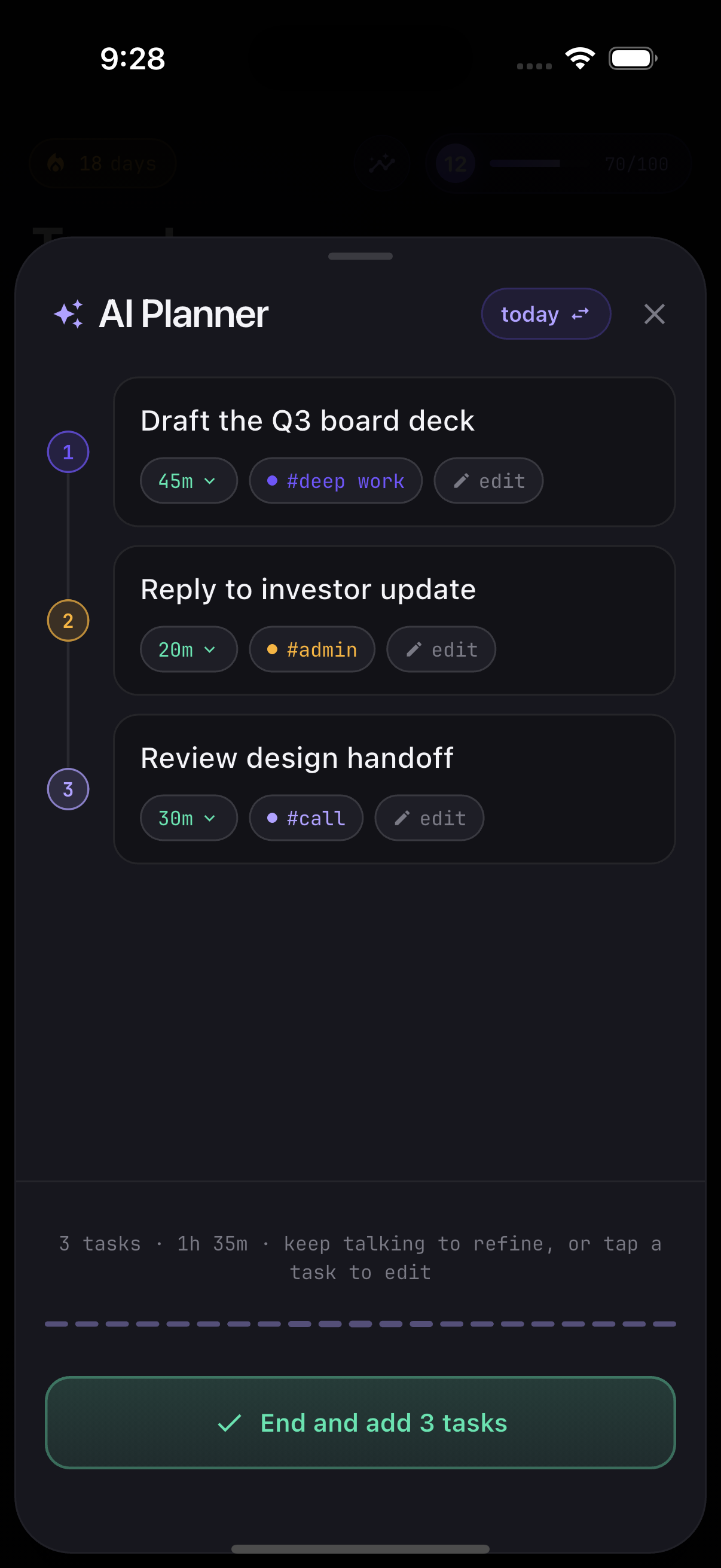 Tuggle's AI Planner drafting a timed, tagged plan from a sentence